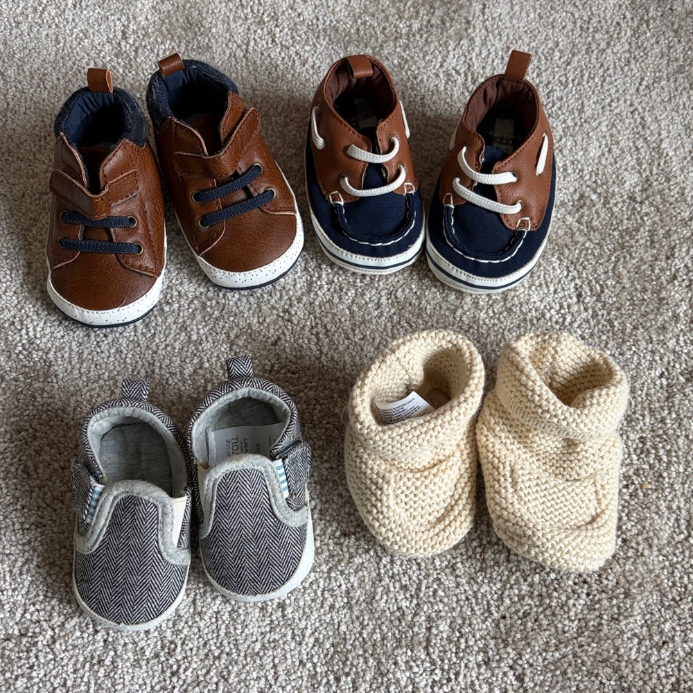 Set of Baby Shoes in Brown, Blue, and Cream